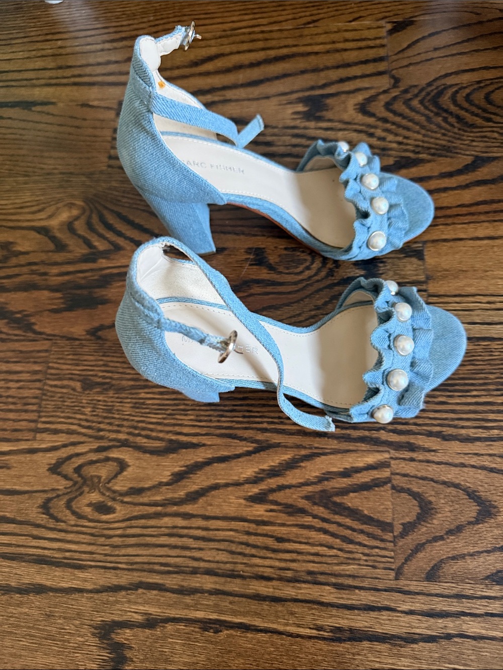 Marc Fisher Light Denim Ruffle Pearl Ankle-Strap Block Heels - Picture 4 of 6